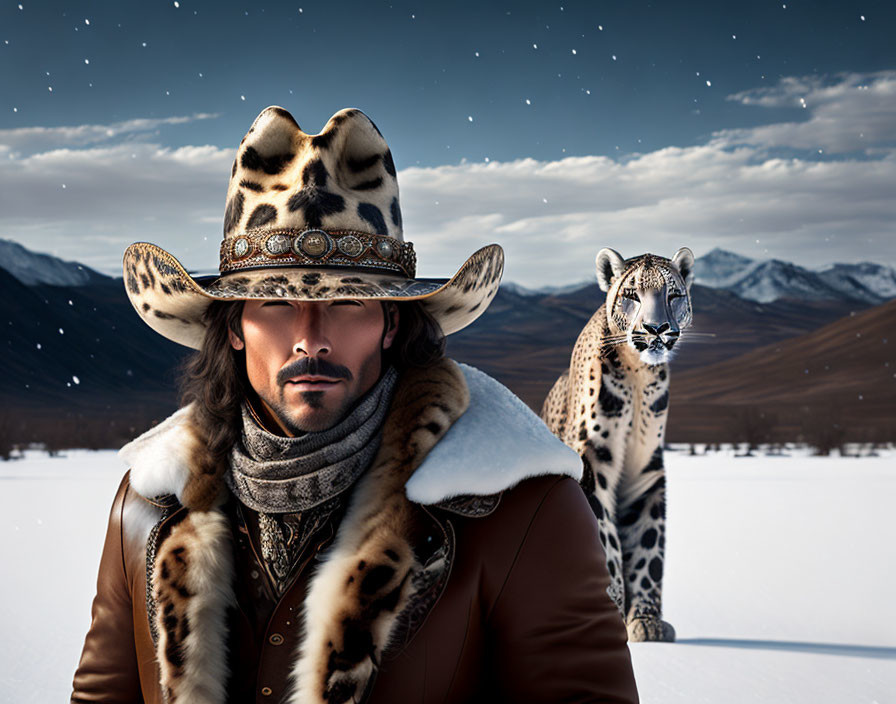 Man in Leopard Print Cowboy Hat with Snow Leopard in Snowy Landscape