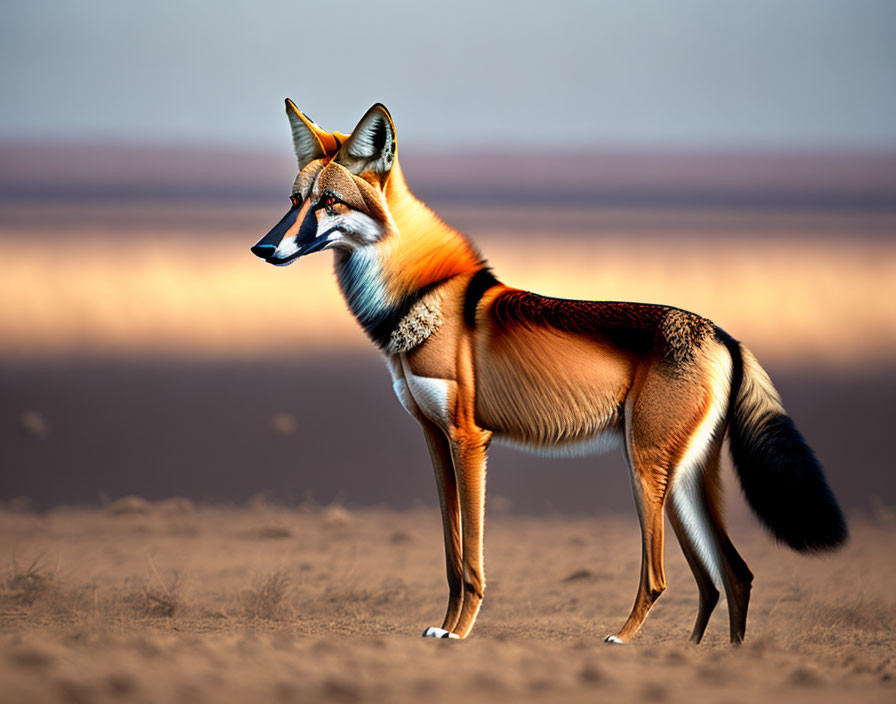 Vibrant orange fox standing on sandy ground against dusky background