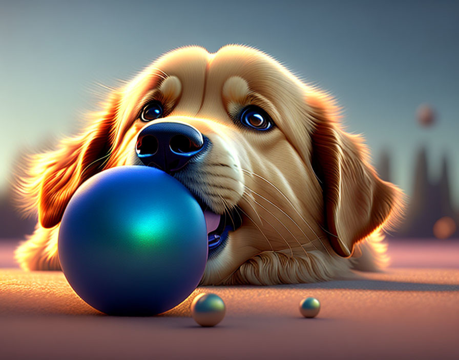 Adorable golden dog with shiny blue ball in sunset ambiance