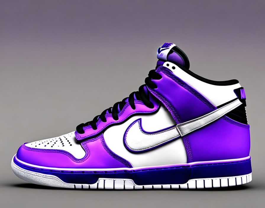 Purple and White High-Top Sneaker with Silver Swoosh on Grey Background