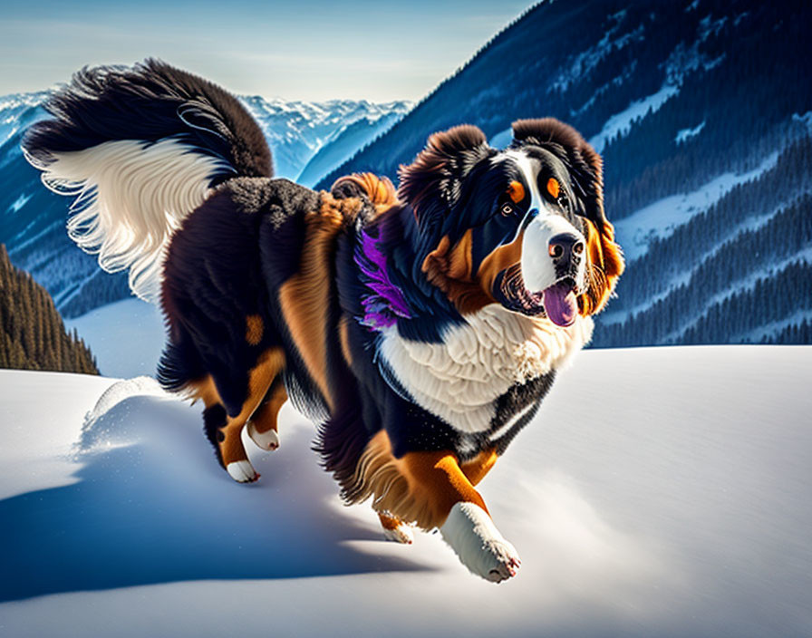 Bernese Mountain Dogs playing in snowy mountain landscape