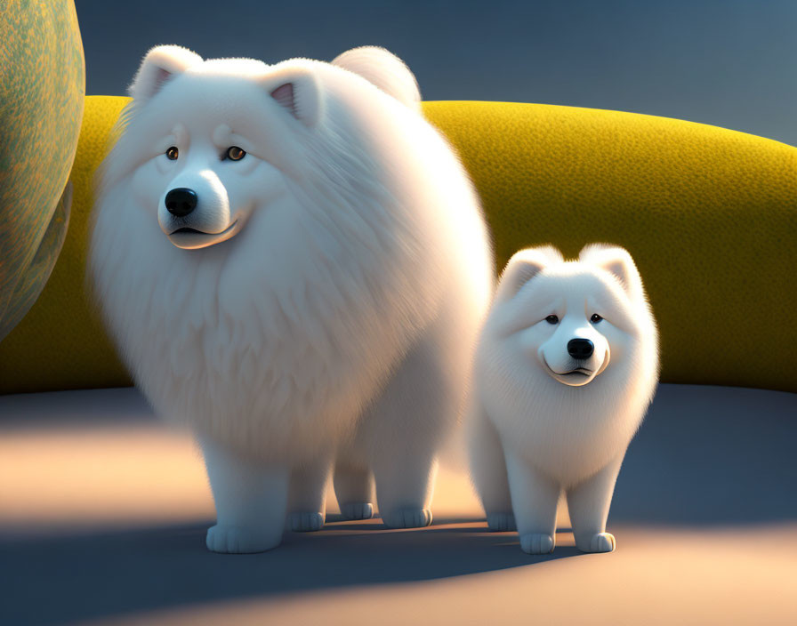 Fluffy white animated dogs, large and small, in cheerful room setting