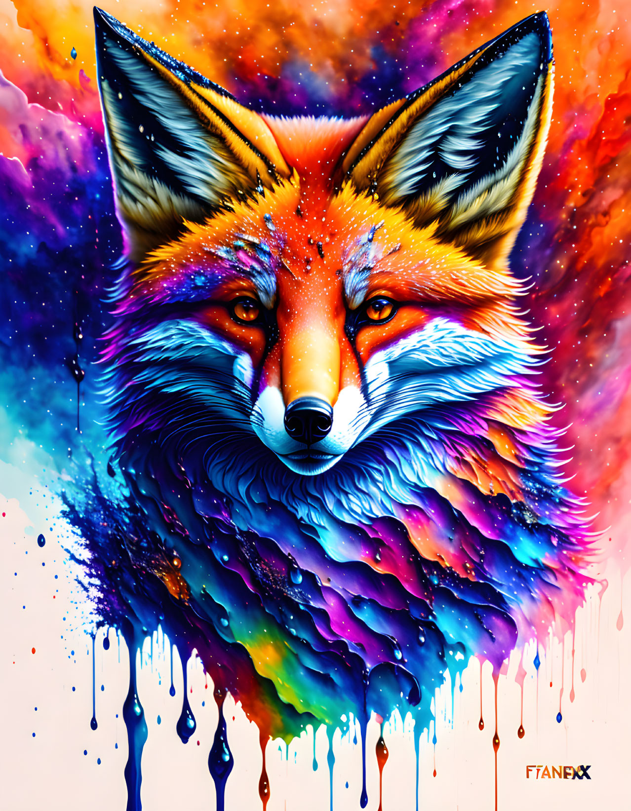 Colorful Fox Face Artwork with Melting Rainbow Effect on Cosmic Background