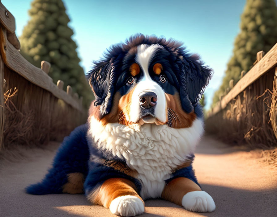 Bernese Mountain Dog resting by fence in sunlight