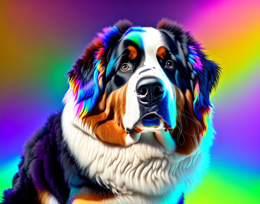 Bernese Mountain Dog with vibrant rainbow background