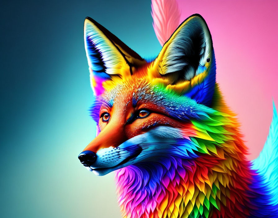 Colorful Fox Artwork with Rainbow Fur on Gradient Background