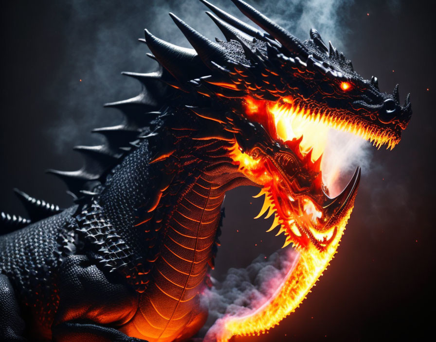 Black Dragon Breathing Fire in Dark Background