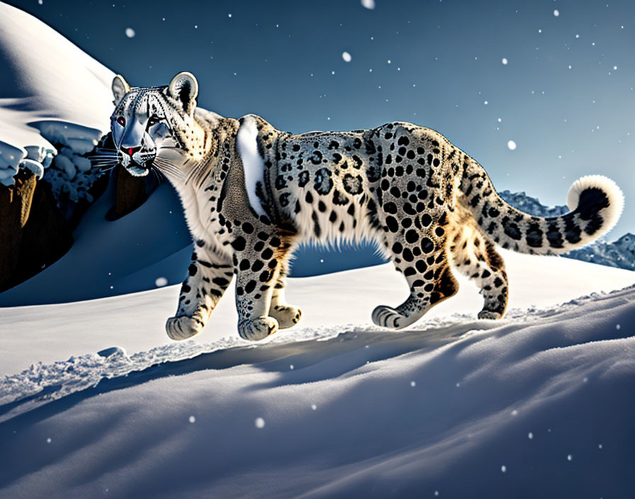 Snow leopard walking in snowy landscape under clear blue sky