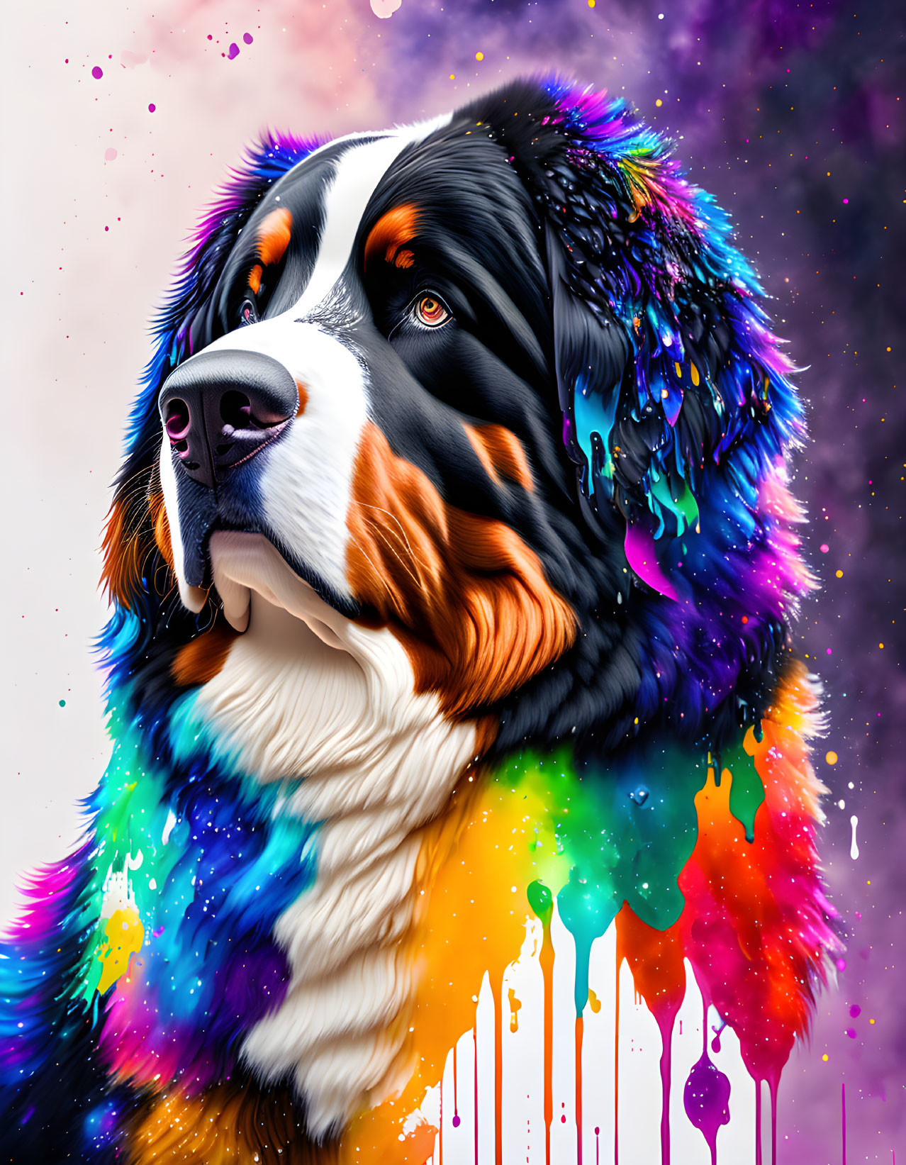 Colorful Bernese Mountain Dog Artwork with Cosmic Background