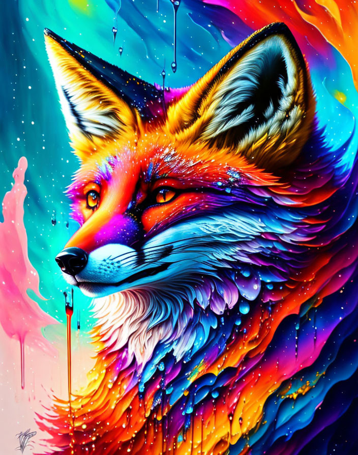 Colorful Fox Artwork with Vibrant Blues, Oranges, and Purples