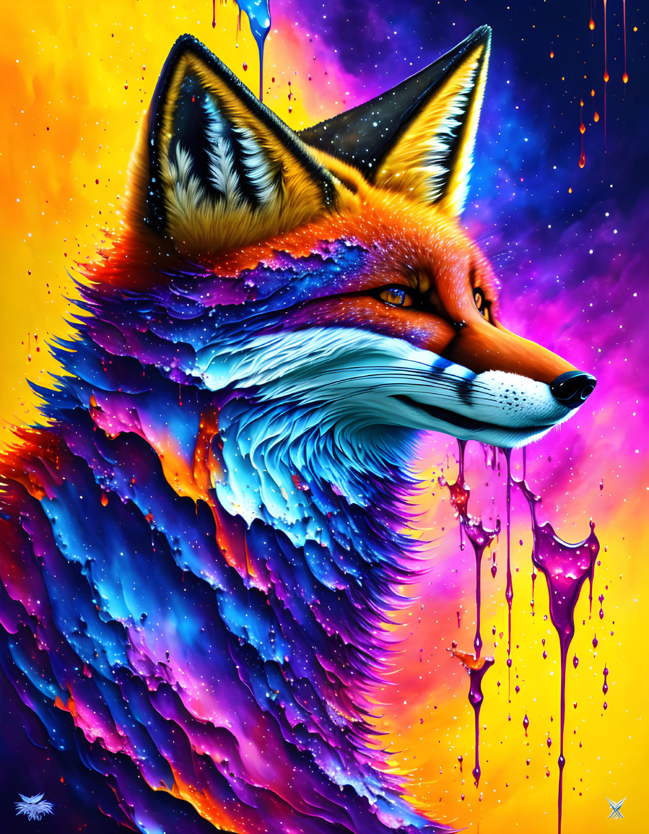 Colorful Digital Artwork: Fox with Cosmic Background & Neon Paint Effects