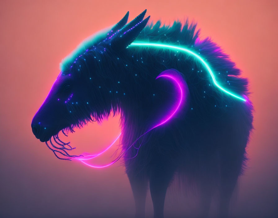 Neon purple and blue boar silhouette on soft orange background