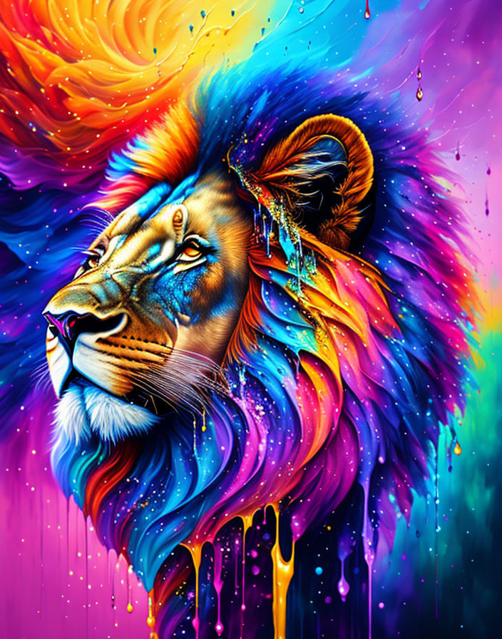 Colorful lion artwork with rainbow mane and melting drips