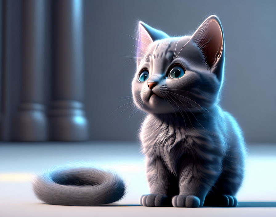 Curious grey kitten with blue eyes in softly lit room