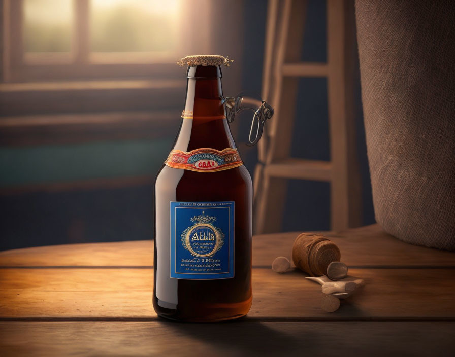 Beer bottle with label on wooden table, sunlight, cork, and bottle caps.