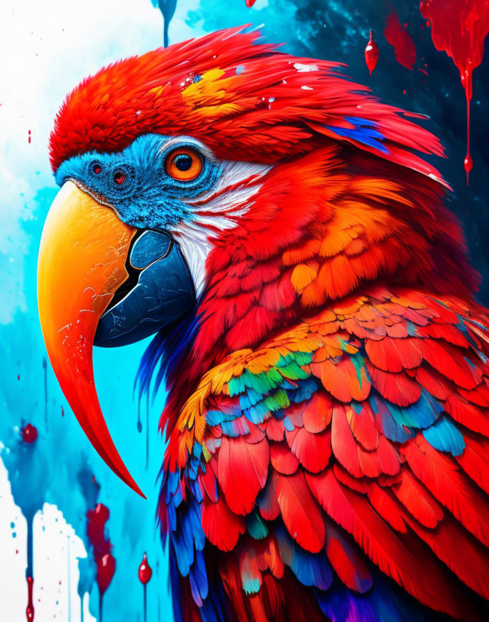 Colorful Red Macaw Illustration with Blue Background Splatters