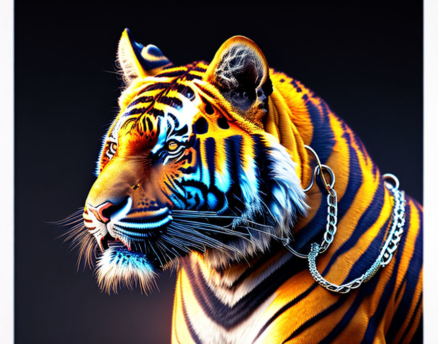 Colorful Tiger Artwork with Silver Chain Necklace on Dark Background