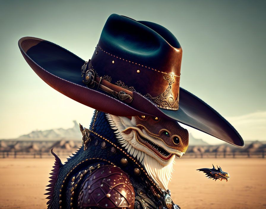 Bearded dragon in cowboy hat and armor with winged lizard in desert