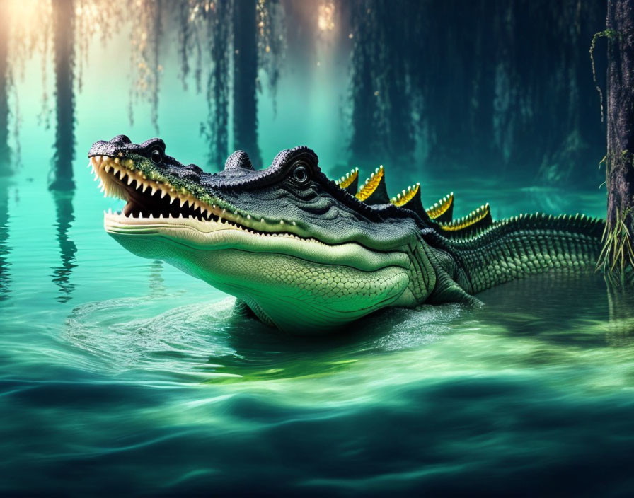 Digital artwork: Multi-headed crocodile in misty green swamp