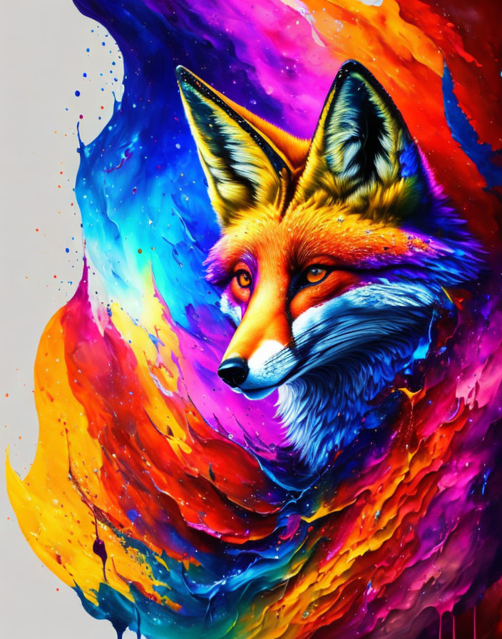 Colorful Fox Artwork with Abstract Background in Blue, Purple, Orange, and Red