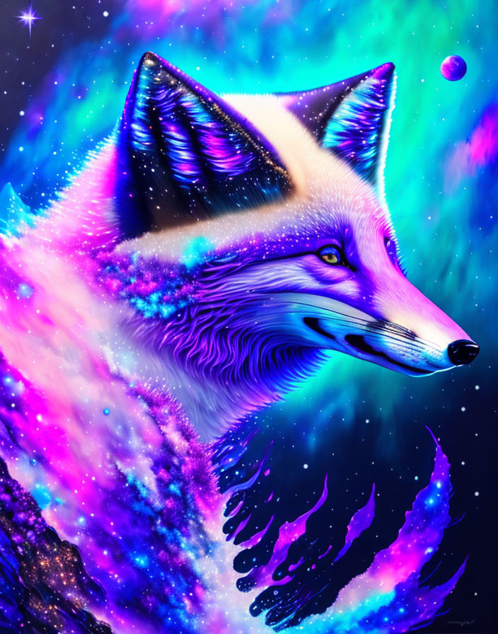 Colorful Cosmic Fox with Stars and Nebulae on Celestial Background