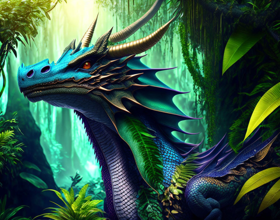 Blue dragon with golden horns in lush green jungle