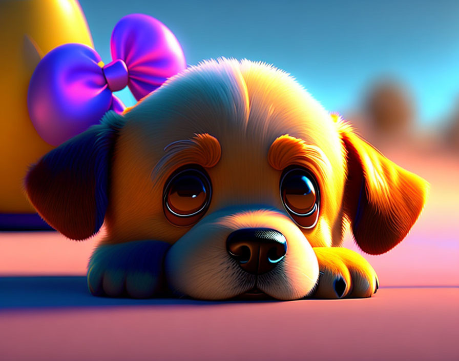 Adorable animated puppy with expressive eyes and blue bow in warm setting