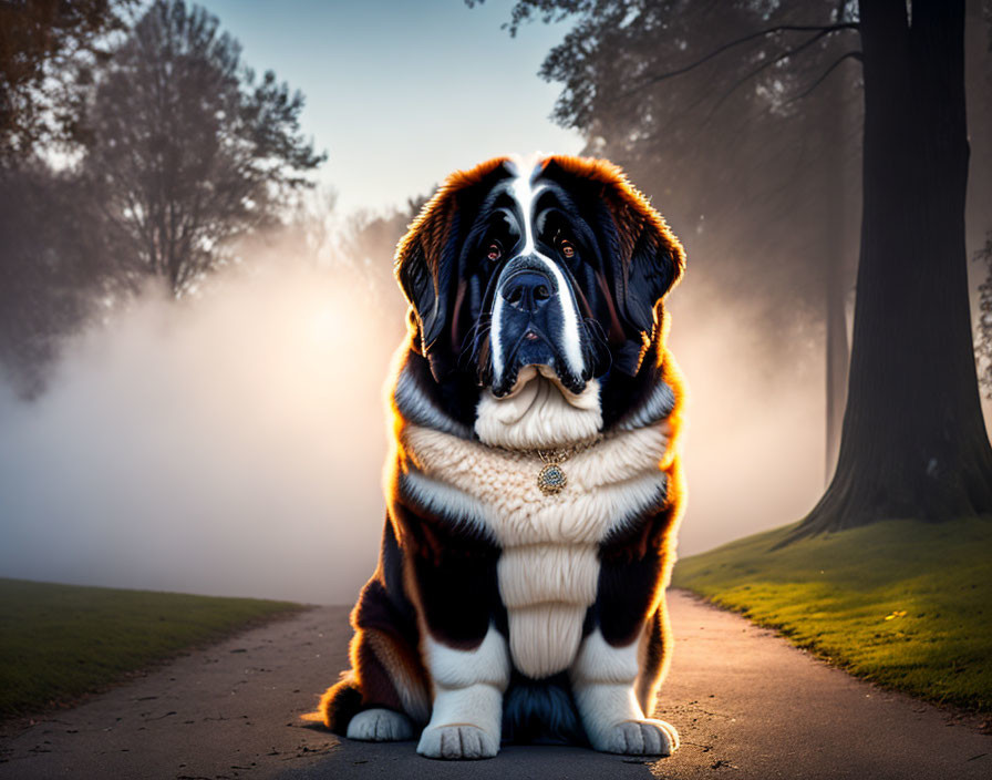 Saint Bernard dog in foggy forest with sunlight.