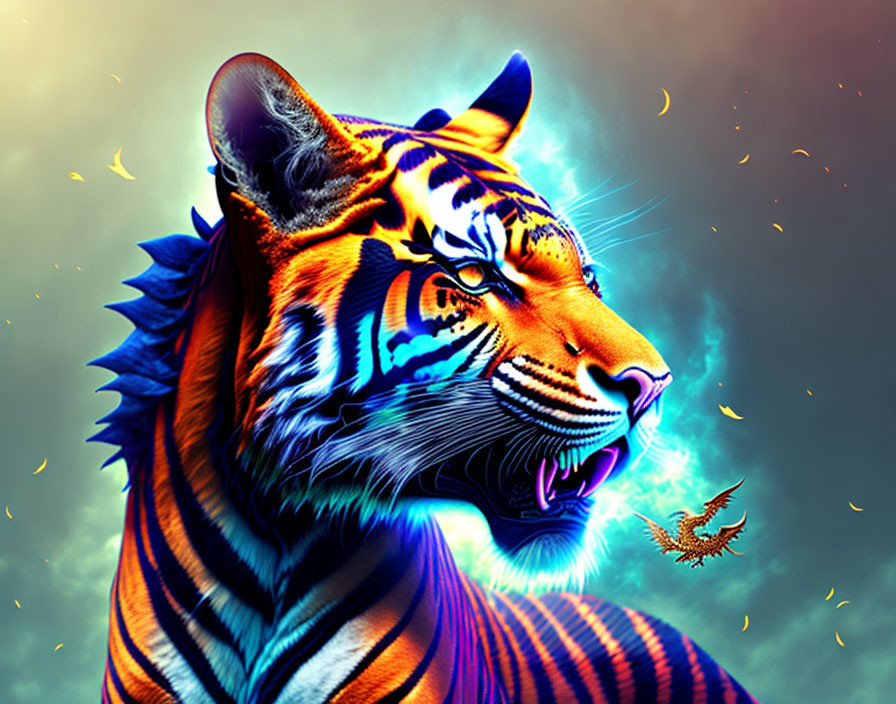 Colorful Tiger Artwork with Blue Flames and Glowing Orange Elements