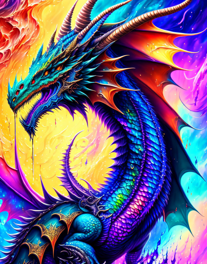 Colorful mythical dragon illustration with blue scales and fiery mane on rainbow backdrop