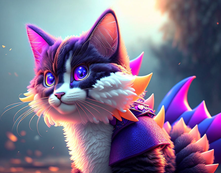 Fluffy cat with purple eyes and colorful armor in mystical setting