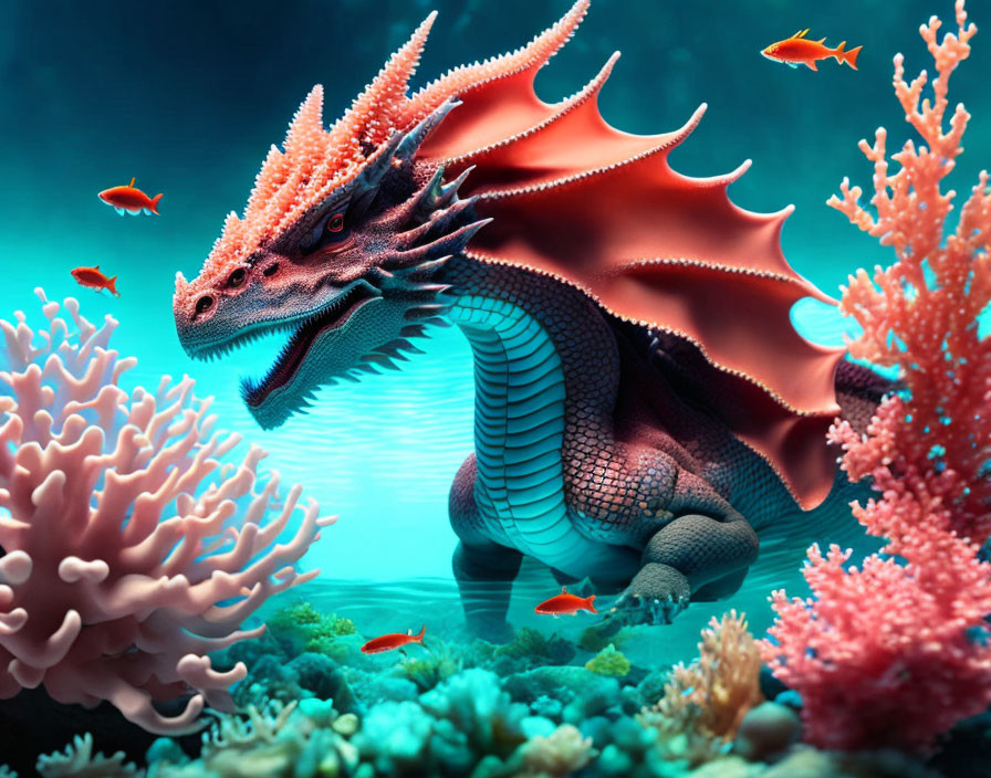 Colorful digital art: Dragon in underwater scene with coral reefs & fish