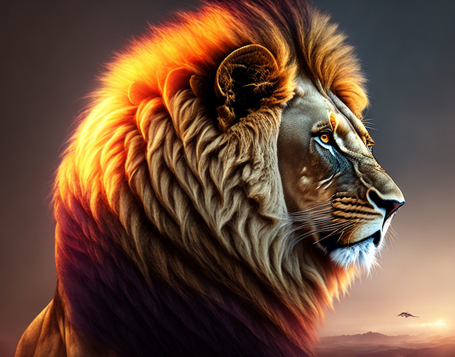 Majestic lion with fiery mane on gradient background and bird in flight