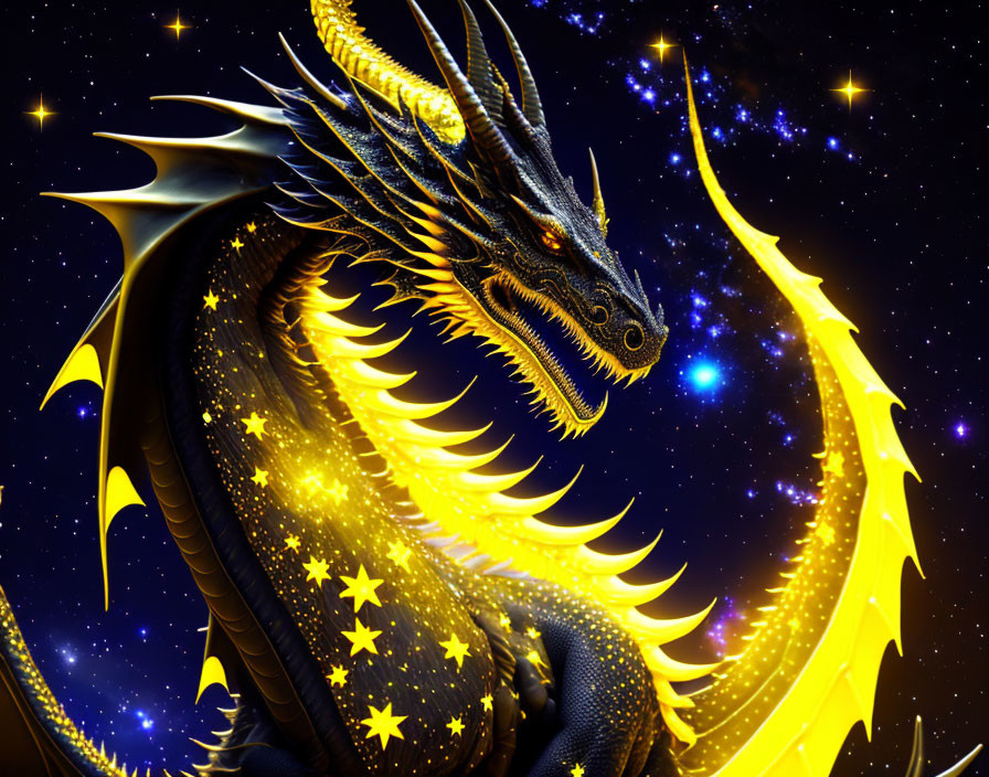 Majestic Black and Golden Dragon in Cosmic Setting