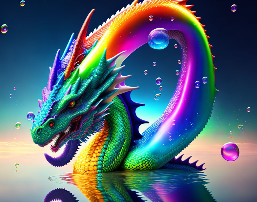 Colorful Dragon Emerges from Water with Sunset Background