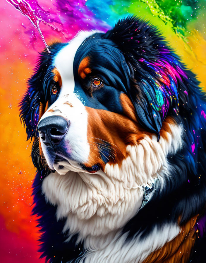 Bernese Mountain Dog portrait with vibrant paint splash background.