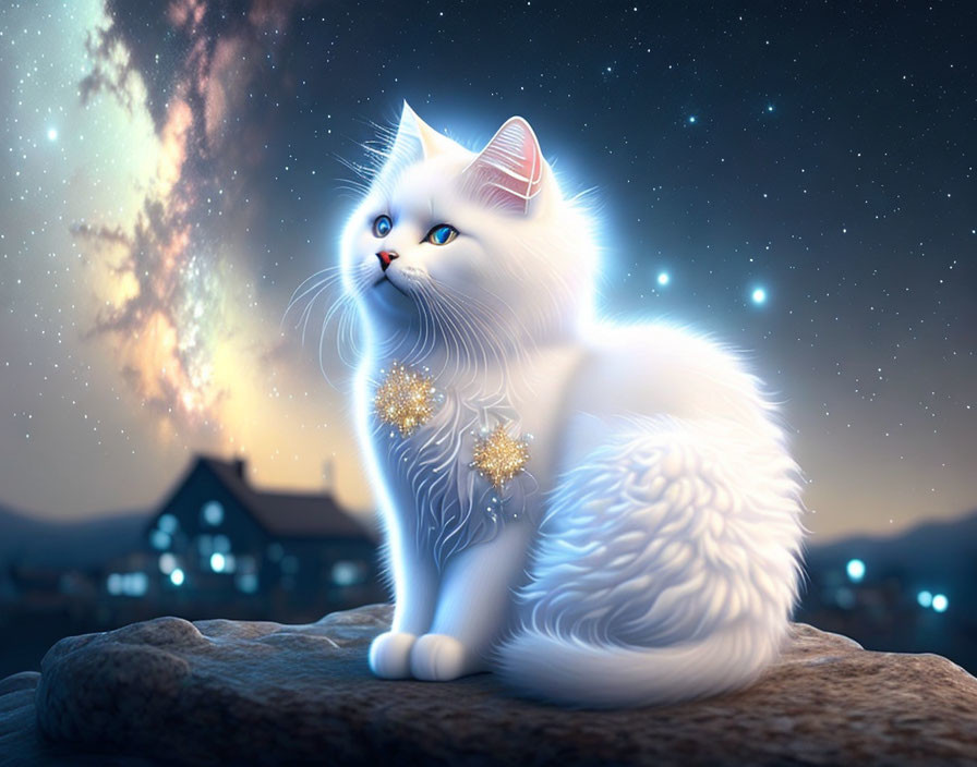 Fluffy white cat under starry sky on rock in countryside landscape