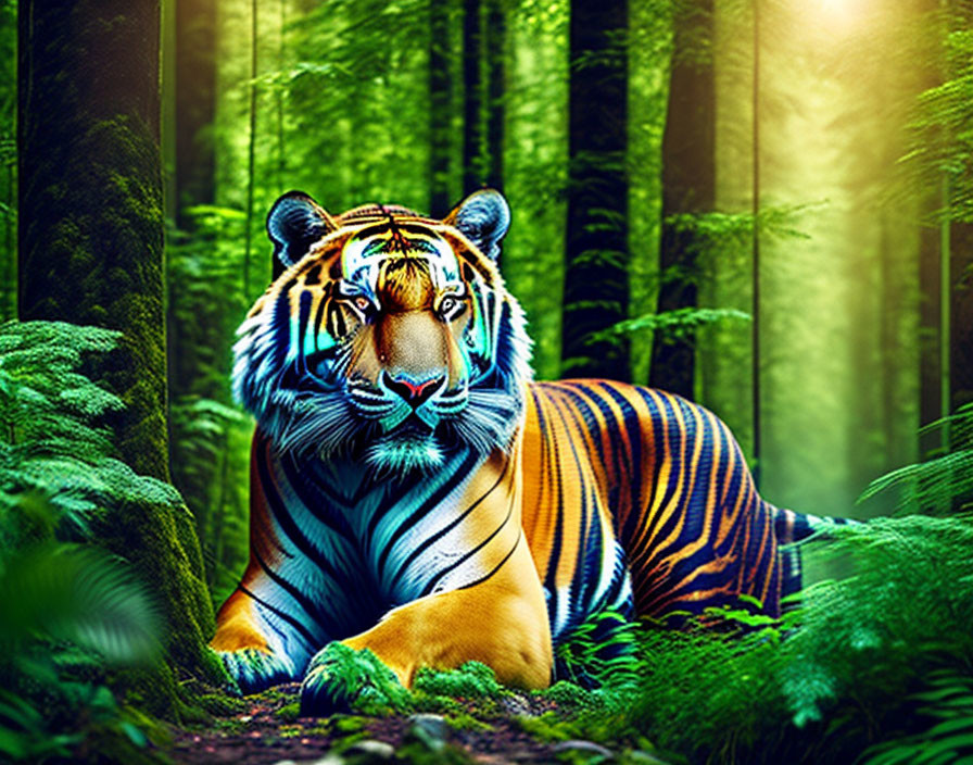 Colorful Tiger Resting in Green Forest with Sunlight