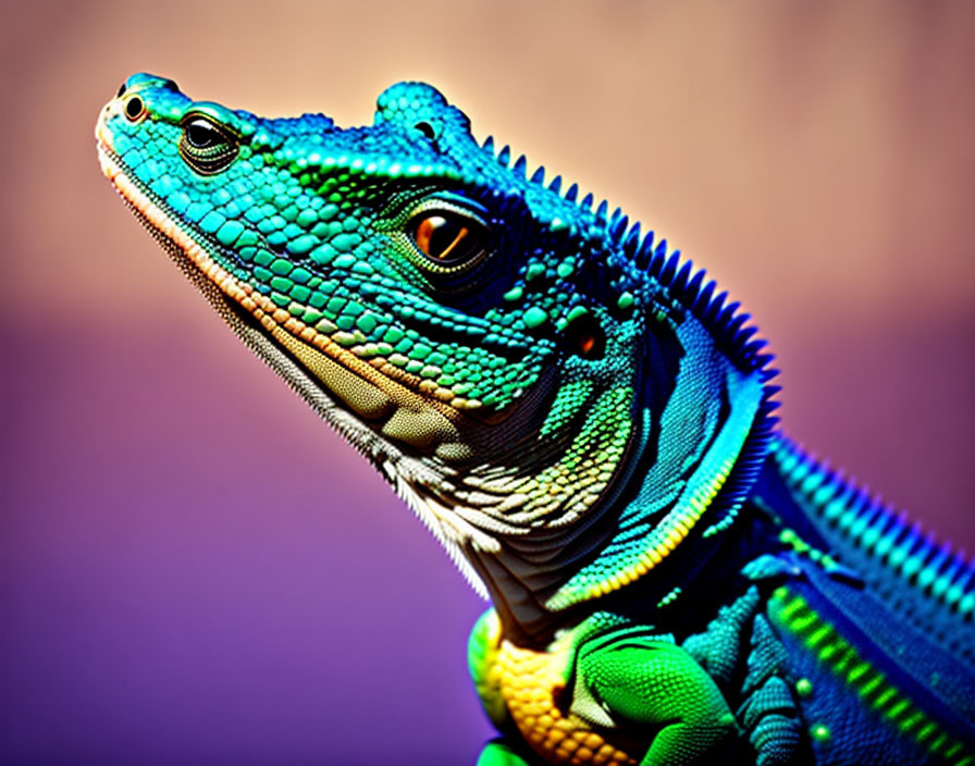 Colorful Blue and Green Iguana with Textured Skin on Purple Background