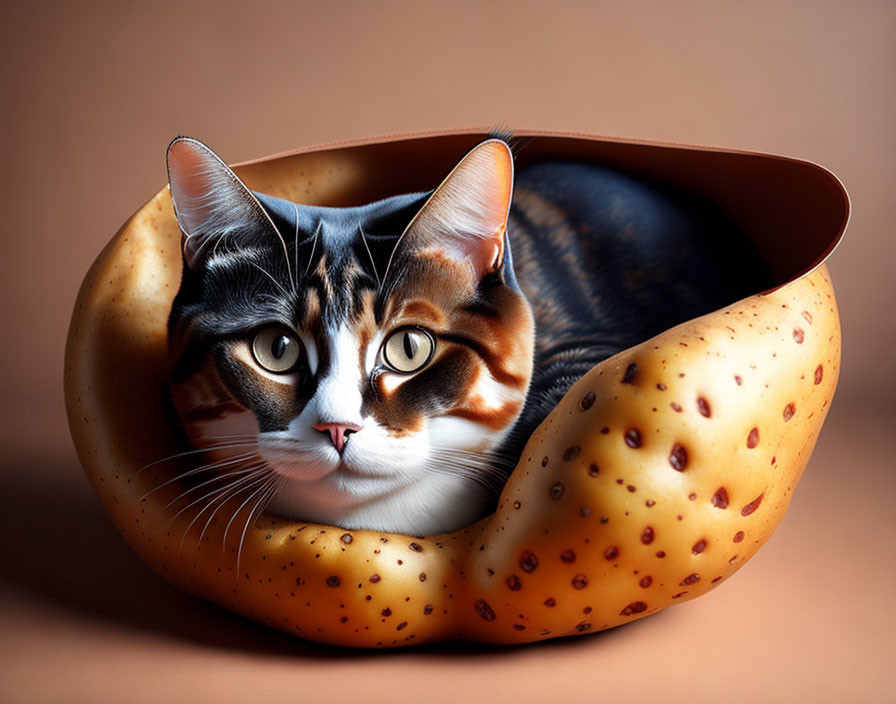 Striking-eyed cat in bagel-shaped cozy bed on warm background