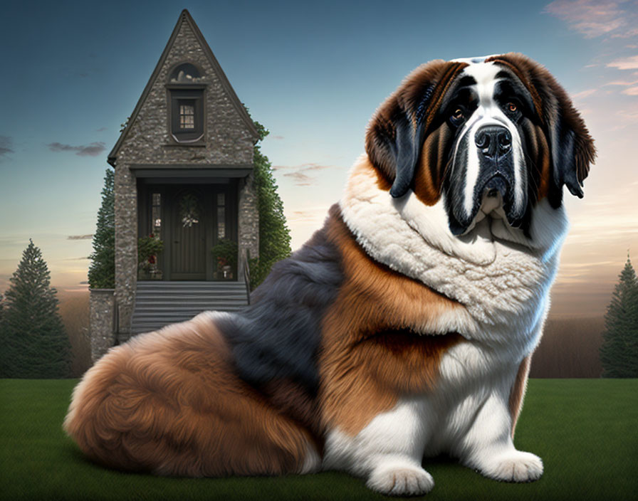 Giant Saint Bernard dog in front of stone-faced house with green grass and twilight sky