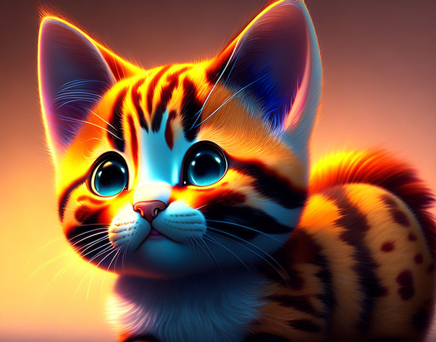 Colorful stylized kitten with glowing eyes on warm background