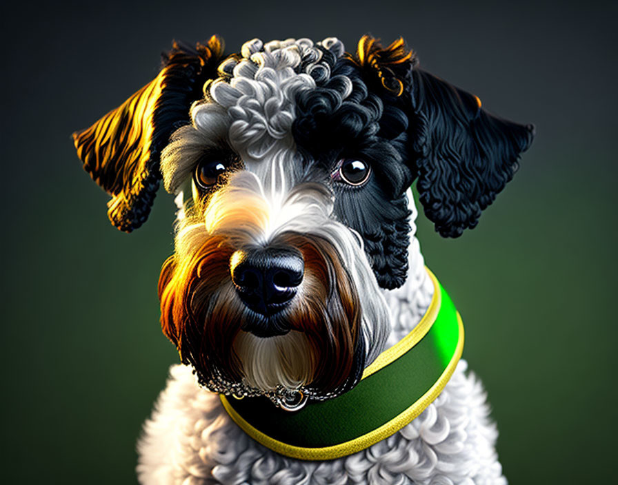 Detailed fur textures on a dog with green and yellow collar against dark backdrop