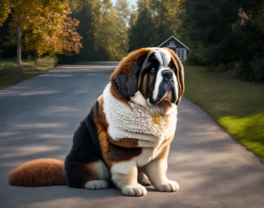 Fluffy Saint Bernard Dog Sitting on Road with Trees and House in Background