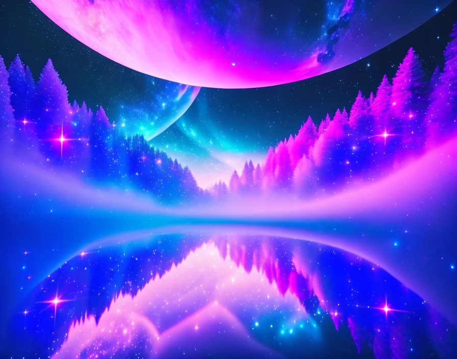 Fantasy landscape with pink and blue hues, celestial bodies, forest, and starry sky