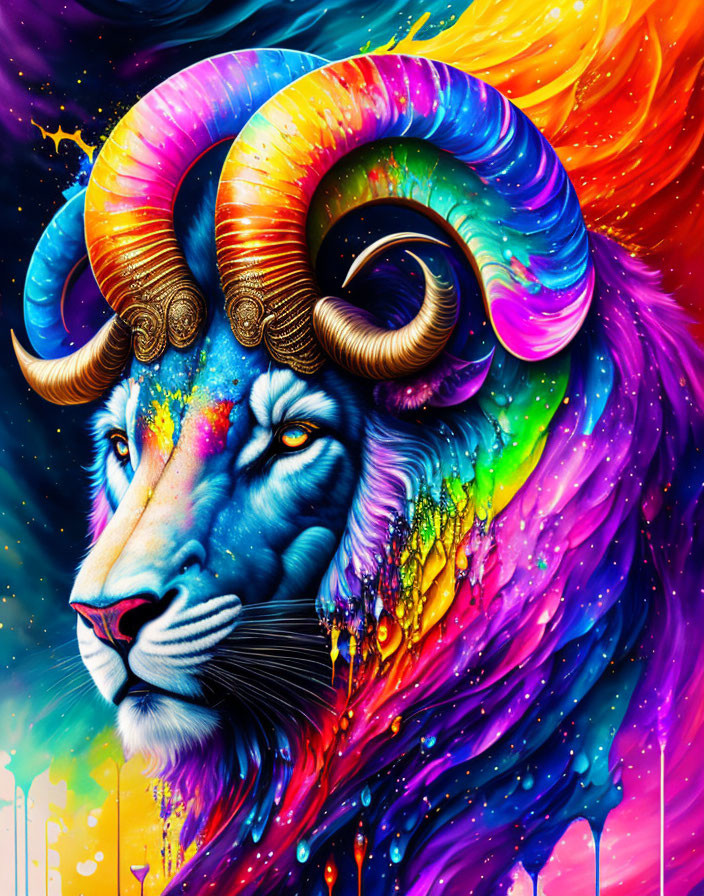 Colorful digital artwork: Lion with melting ram horns in cosmic backdrop