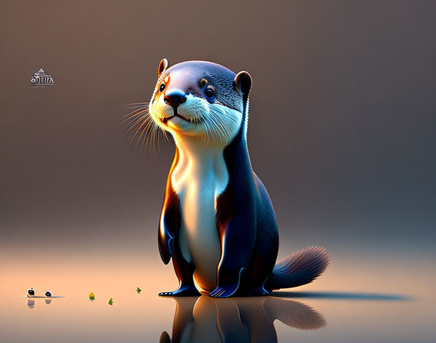 Stylized otter digital illustration with water droplets and leaves