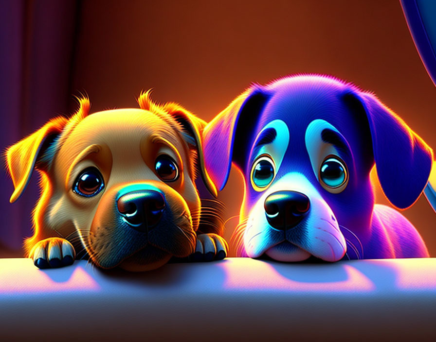 Two adorable animated puppies with expressive eyes, one golden and the other blue, in soft warm light.