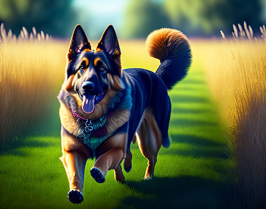 Illustration: German Shepherd Dog in Sunlit Field