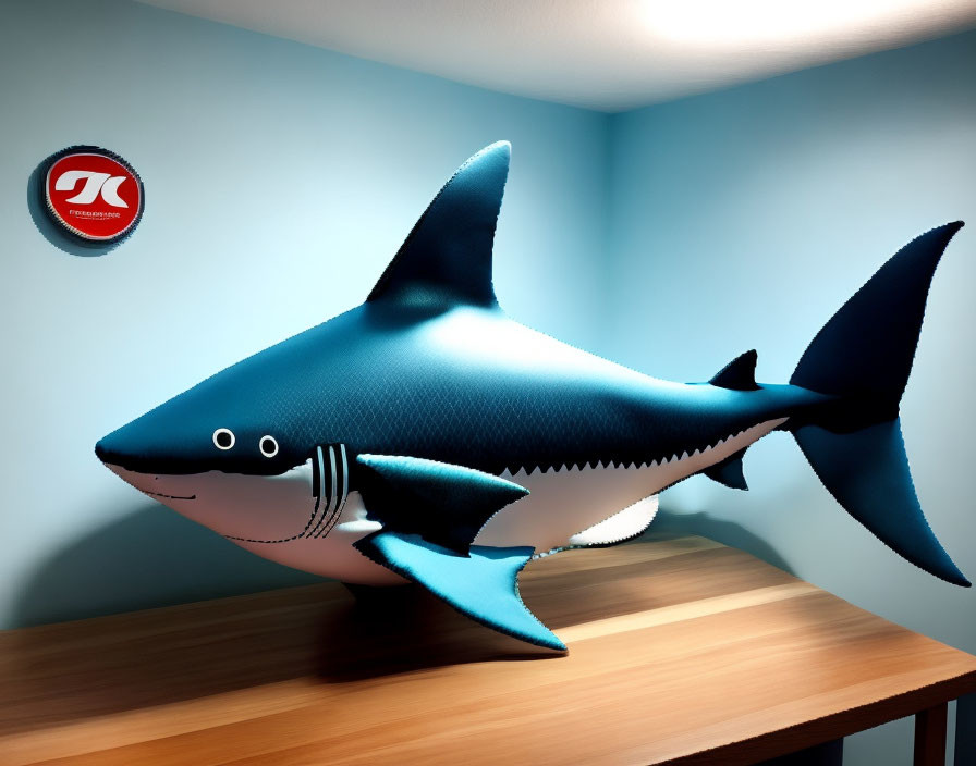 Realistic Inflatable Shark Toy on Brown Table with Blue Wall Background